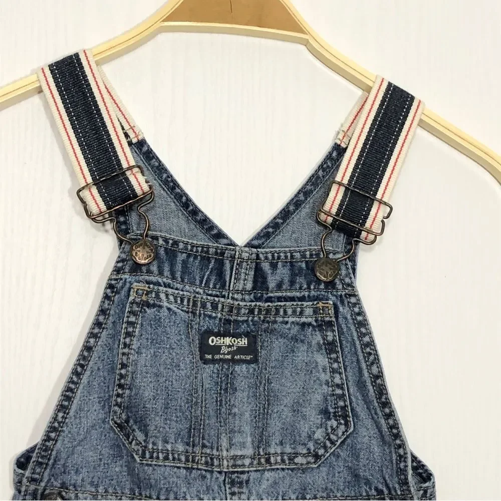 Osh Kosh B’Gosh Denim Overalls Boys 4 Red White Blue Striped Straps USA
